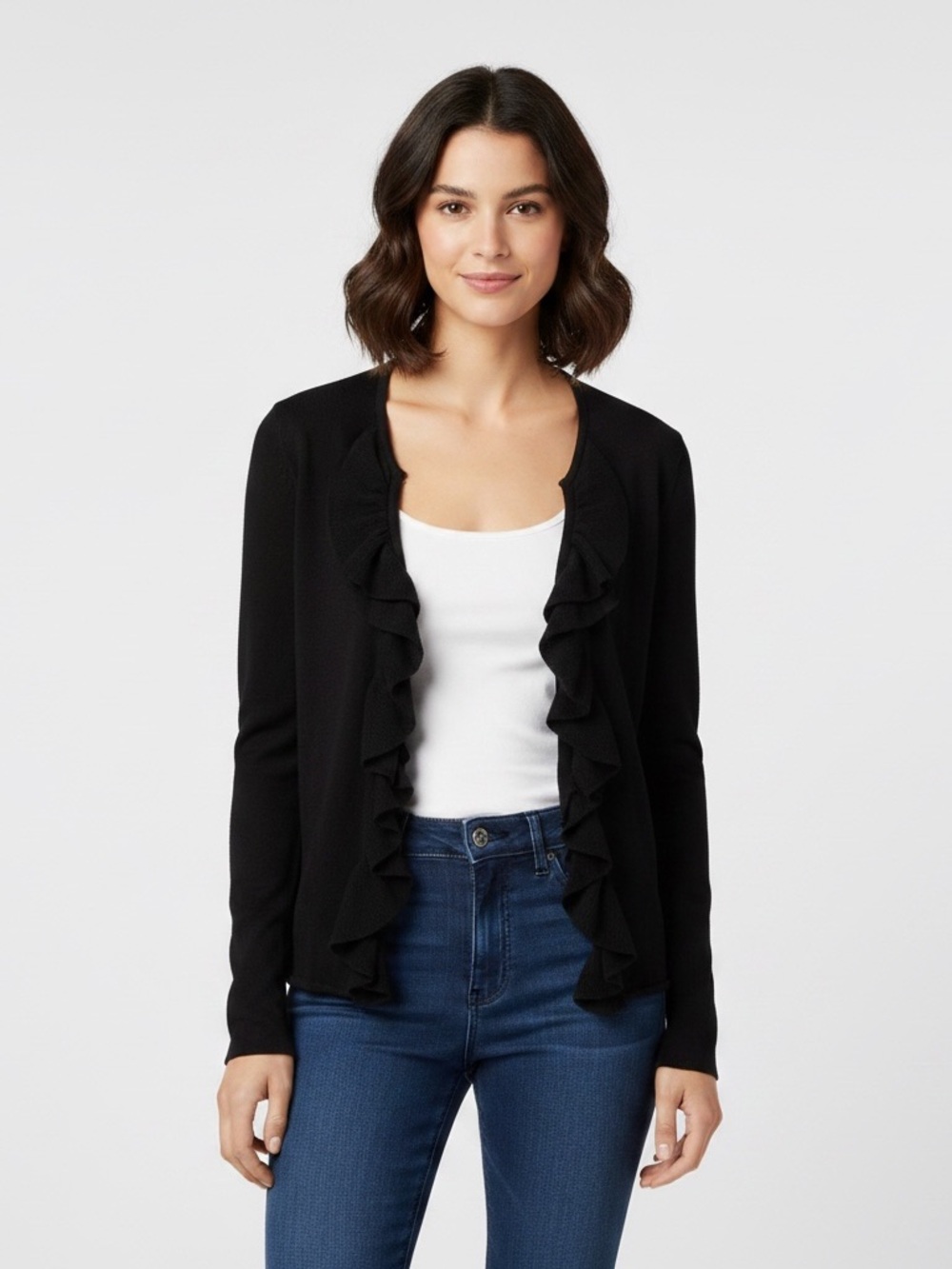 Tory Burch Black Double Ruffle-Front Knit Cardigan Merino Wool Lonh Sleeve Sz S